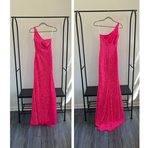SHERRI HILL | 54330 One Shoulder High Slit Sequin Dress in Neon Pink | Size 0 - Picture 3 of 16